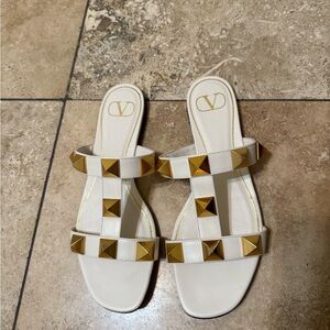 Valentino Gold and White Pyramid Stud Sandals
